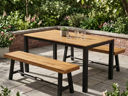 3 Piece Outdoor Dining Set, Rectangular Patio Table & 2 Benches - Black / Teak