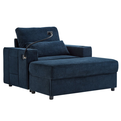 Modern Style Armchair Chaise Lounge Sofa Couch With Movable Storage Ottoman, USB Ports, Cup Holders, Phone Holder, Side Pockets
