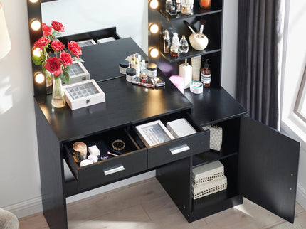 Vanity Desk With Mirror And Lights, 46.4In Dressing Table With 2 Large Drawer & Large Vertical Organizer, 3 Level Dresser & 3 Lighting Modes Adjustable Brightness, Suitable For Bedroom
