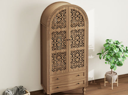 Tall Kitchen Pantry Cabinet With Hollow Carved Doors 2 Drawers And Adjustable Shelves Storage Display Cabinet For Kitchen Dining Room Or Living Room - Walnut