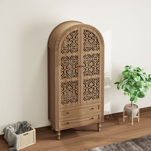 Tall Kitchen Pantry Cabinet With Hollow Carved Doors 2 Drawers And Adjustable Shelves Storage Display Cabinet For Kitchen Dining Room Or Living Room - Walnut