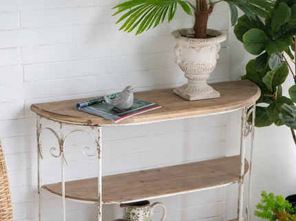 3 Tiered Wooden Shelving Unit With Ornate Iron Frame - Multicolor