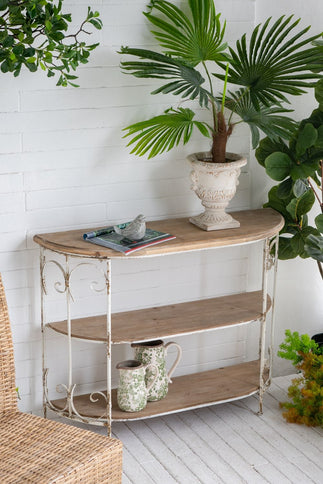 3 Tiered Wooden Shelving Unit With Ornate Iron Frame - Multicolor