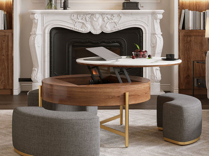 Lift Top Round Coffee Table With Hidden Storage, 3 Upholstered Nesting Ottomans - Brown / Gray / Golden / White
