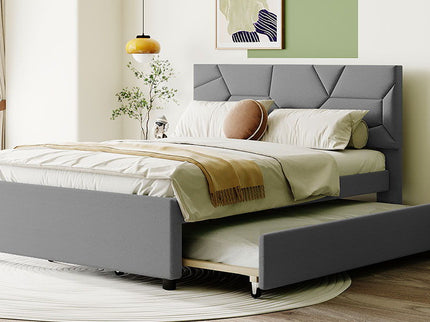 Upholstered Platform Bed With Brick Pattern Headboard And Twin Long Size Trundle