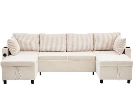 Sectional Sofa Bed With Pull Out Sleeper, USB Ports, Cup Holders