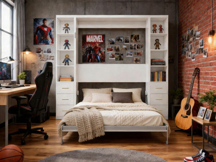 Queen Size Murphy Wall Bed With Side Storage Cabinets - White