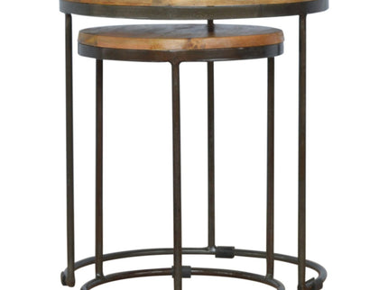 Round Stool Table With Iron Base (Set of 2) - Brown / Black