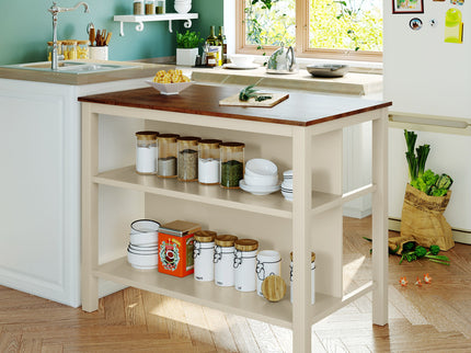 Rustic 3 Piece Stationary Kitchen Island Set With 2 Seatings, With 2 Open Shelves
