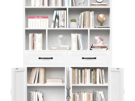 Bookcase Tall With 2 Doors & 2 Drawers, Fixed Open Shelves - White