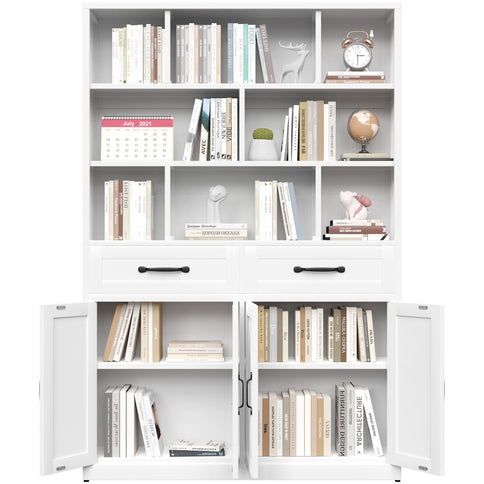 Bookcase Tall With 2 Doors & 2 Drawers, Fixed Open Shelves - White