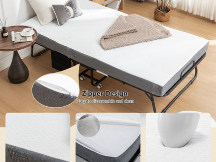 Foldable Metal Frame Bed For Guest With Memory Foam Mattress On Wheels, Saving Space Rollaway Bed