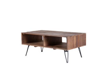 Reclaimed Wood Cocktail Table With Open Storage For Living Room, Metal Legs, Foldable - Black / Natural