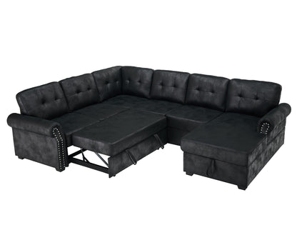 U Shape Sectional Sleeper Sofa With Pull Out Bed And Storage Chaise - Black