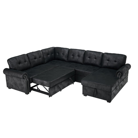 U Shape Sectional Sleeper Sofa With Pull Out Bed And Storage Chaise - Black
