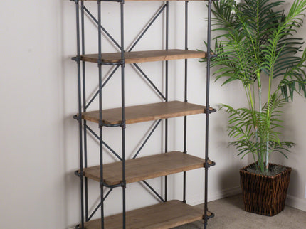 Yorktown - Industrial 5 Shelf Bookcase With Metal Pipework And Solid Fir - Natural