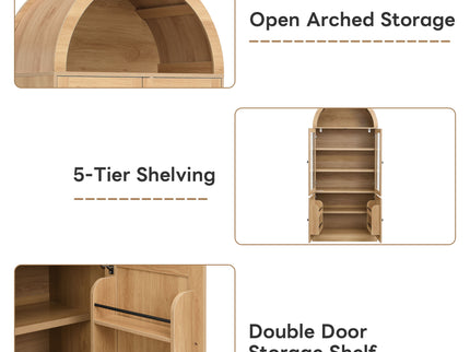 Tall Arched Top Storage Cabinet With 5 Tier Shelves, Soft Close Hinges