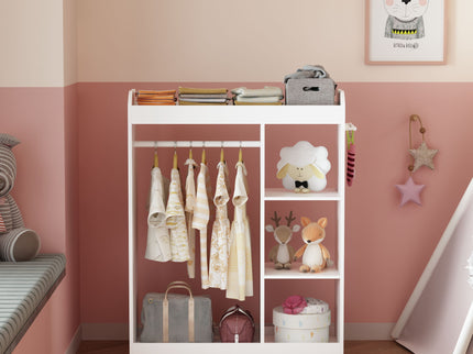 Dress Up Storage With Mirror And Hooks, Clothes Rack With Hanging Rod, 3 Side Hooks, Open Shelves, Top Shelf Organizer - White