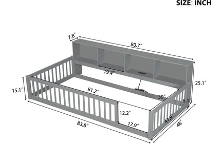 Twin Long Floor Bed With Storage Cabinets And USB Ports - Gray