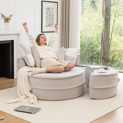 Modern Oversized Round Barrel Accent Chair With Ottoman