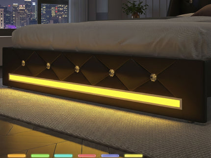 Wingback Upholstered Bed Frame With LED Lights, Charging Station