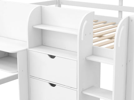 Low Loft Bed With Built In Desk, Storage Cabinets, Open Bookcase And Doodle board