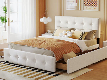 Upholstered Platform Bed With Classic Headboard And Drawers, No Box Spring Needed