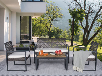 4 Piece Patio Furniture Set With Acacia Wood Table Top And Cushions