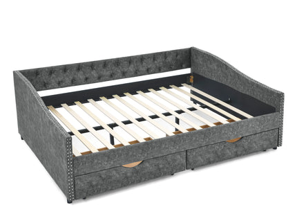Queen Size Upholstered Daybed With Tufted Back And Nail Trimmed Waved Arms - Gray