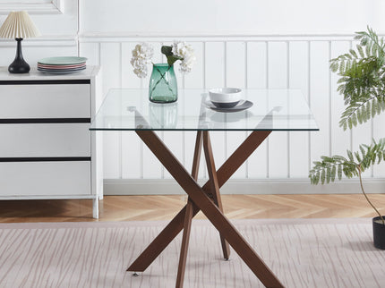Dining Table With Cross Metal Leg And Tempered Glass, Modern Space Saving Kitchen Table For Living Room Legs, Square Table