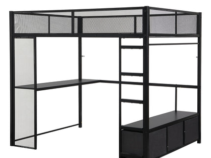 Full Size Gaming Loft Bed With LED Desk, Open Wardrobe, 3 Linen Storage Drawers - Black