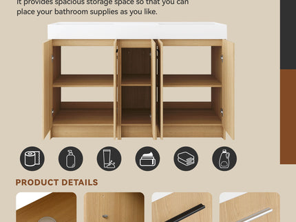 Double Sink Bathroom Vanity Set With Tall Linen Cabinet, Extra Large Storage, Integrated Sink, Freestanding Cabinet - Light Oak / White