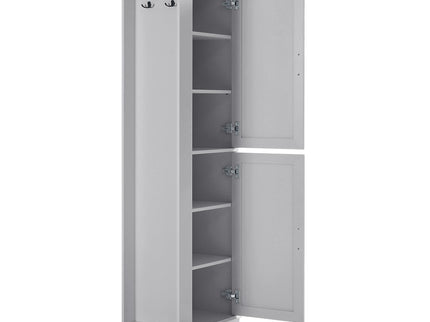 Tall Freestanding Bathroom Storage Cabinet With Adjustable Shelves And Side Hooks