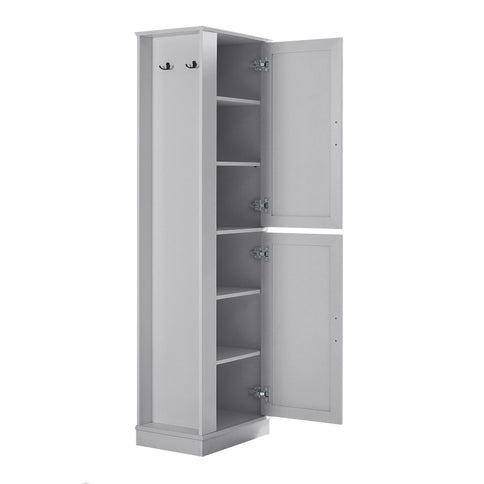 Tall Freestanding Bathroom Storage Cabinet With Adjustable Shelves And Side Hooks