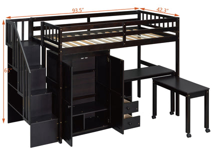Loft Bed With Stairs, Bookshelf, Drawers, Desk & Wardrobe, Space Saving Multifunctional Furniture