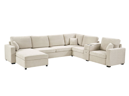 Modular 5 Seat U-Shape Sectional Sofa With Chaise Lounge, Built In Cup Holders And Storage Drawer