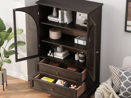 Glass Door Display Case With 2 Drawers And Adjustable Shelf