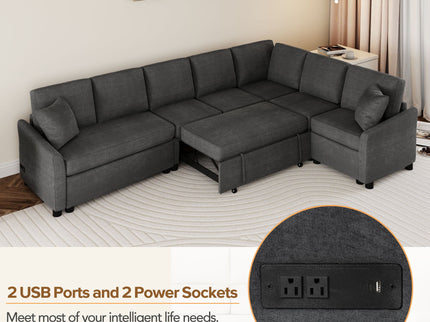 L-Shaped Sofa Convertible Sofa Bed Pull Out Sofa Sleeper With Two Back Pillows, Two USB Ports And Two Power Sockets For Living Room