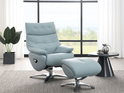 Janella - Top Grain Leather Accent Chair With Swivel & Ottoman - Baby Blue