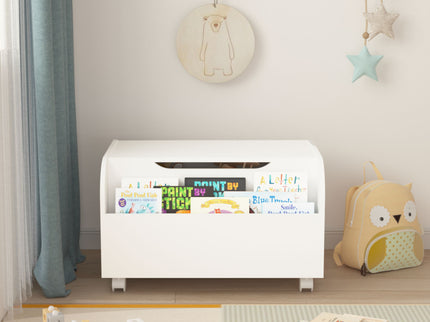 Toy Box With 4 Universal Wheels, Kids Playroom Storage Organizer With Front Bookshelf, Flip Top Lid, Safety Hinge - White