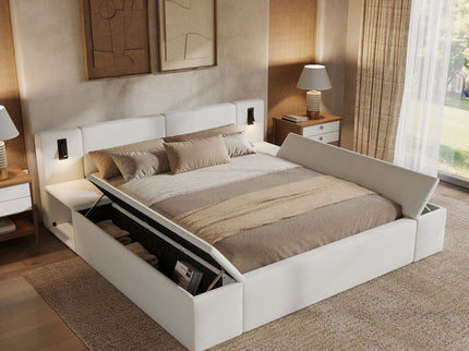 Upholstered Platform Bed Frame With Hidden Storage, Built-In Nightstands & LED Reading Lights
