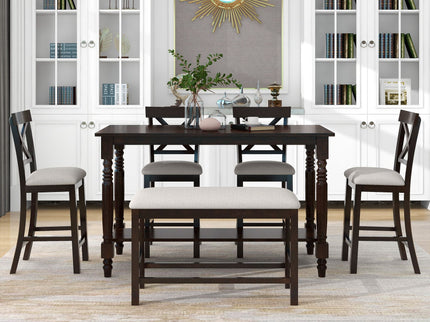 Counter Height Dining Set With Shelf, 4 Chairs And Bench
