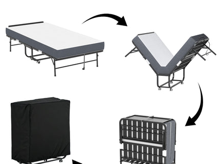 Twin Adjustable Headboard Folding Bed With Memory Foam Mattress, Heavy-Duty Frame Cot For Tall People, Portable Guest On Wheels - Black
