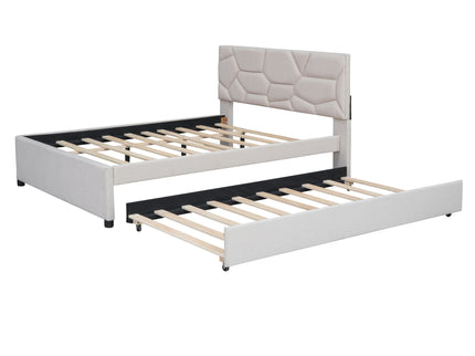 Upholstered Platform Bed With Brick Pattern Headboard And Twin Long Size Trundle