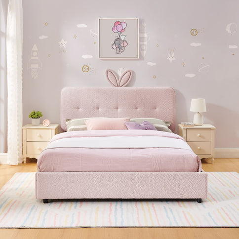 Upholstered Bed With Oversized Rabbit Ear Headboard, LED Lights & 4 Storage Drawers