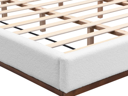 Elegant Boucle Upholstered Bed With Wood Grain Textured Solid Wood Base Frame