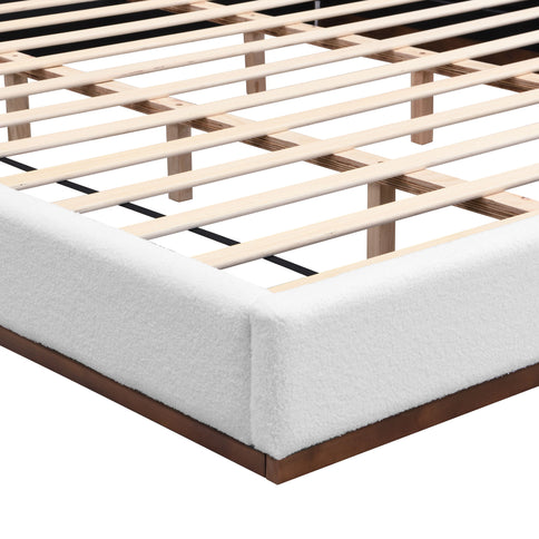 Elegant Boucle Upholstered Bed With Wood Grain Textured Solid Wood Base Frame
