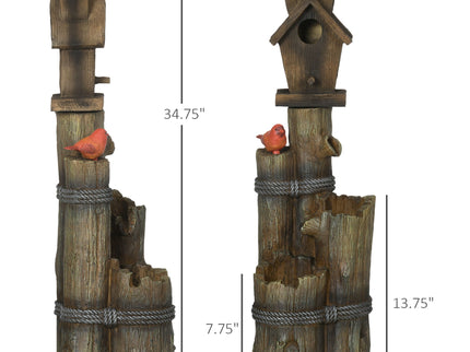 Outsunny - Outdoor Fountain With Birdhouse, Cascading Garden Waterfall Bird Bath With 3 Tier Rustic Tree Trunk / Log Design, LED Lights For Porch, Deck, Yard Decor - Brown