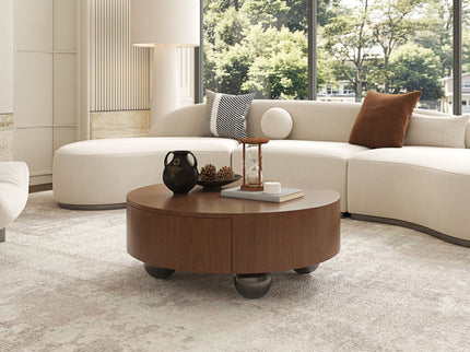Drum Shaped Coffee Table With Hidden Storage Drawer, Low Profile For Living Room - Walnut