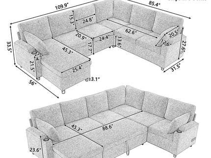 U-Shaped Sectional Sleeper Sofa With Ample Storage Space, 2 Cup Holders And Charging Ports For Living Room